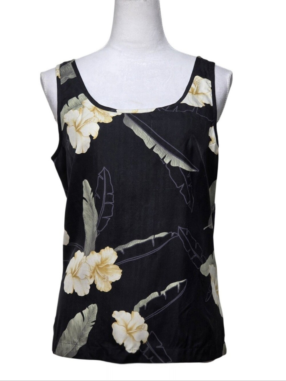 Tommy Bahama Black Sleeveless Floral Tank with Cream Blooms Size Large